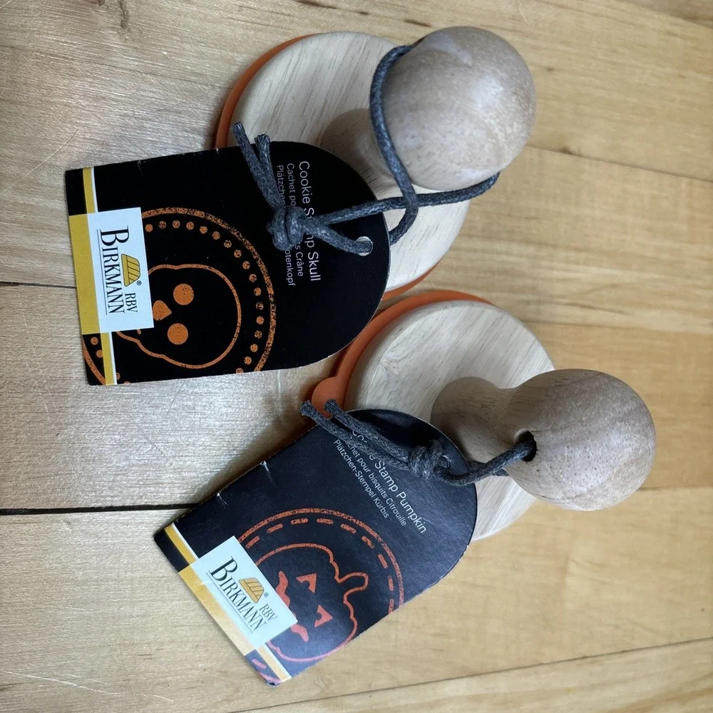 Birkman Halloween Cookie Stamper Skull Pumpkin Wooden‎ Handle Lot Of 2 Baking